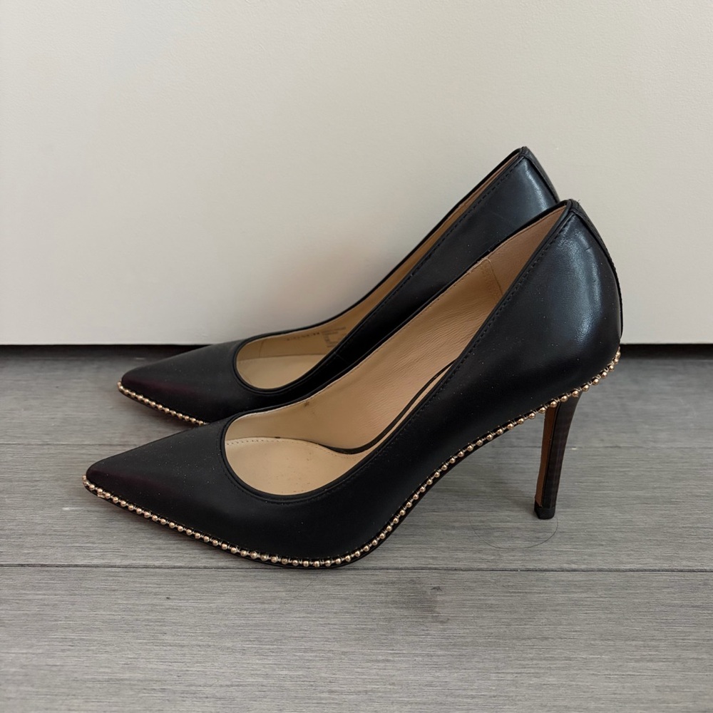 Coach Waverly Elegant Black Heels with Gold Bead-Chain Trim Size 5